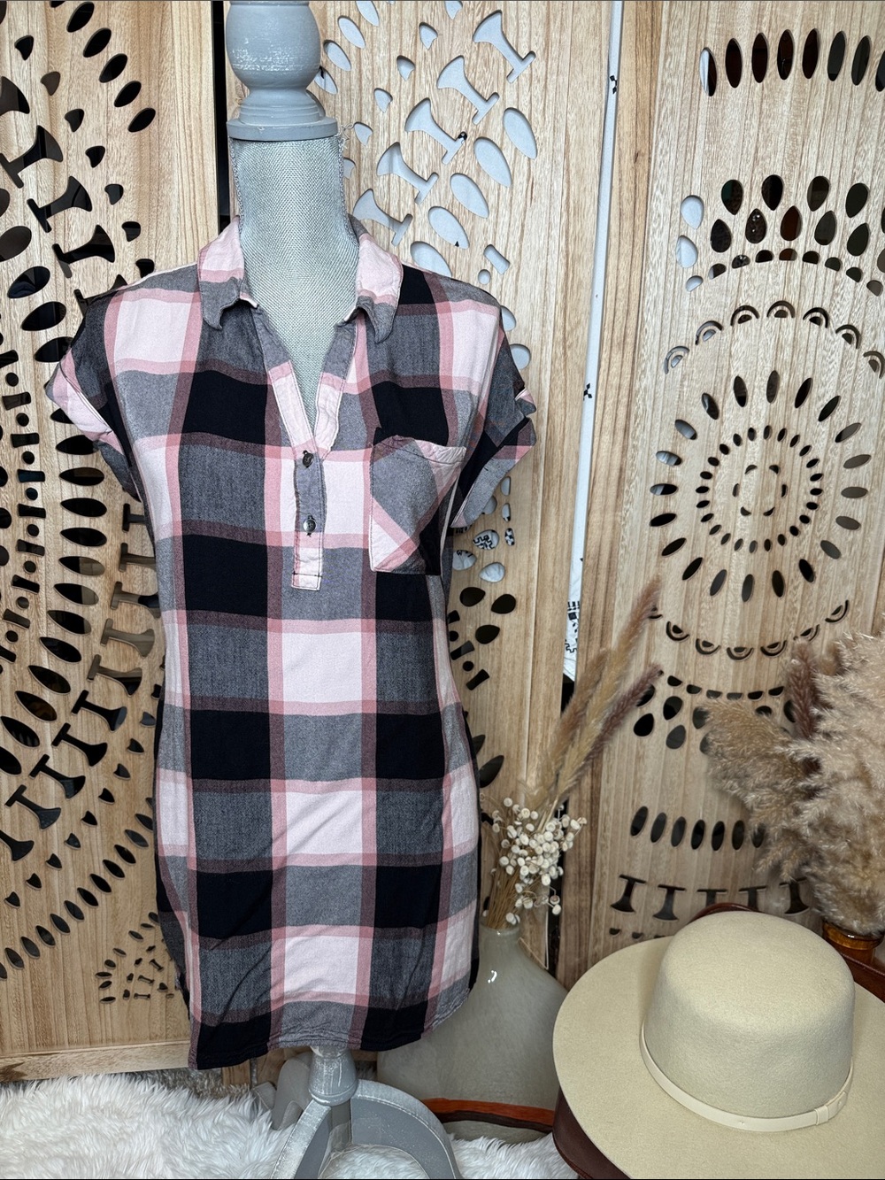 Rock & Republic Pink and Black Plaid Tunic Shirt